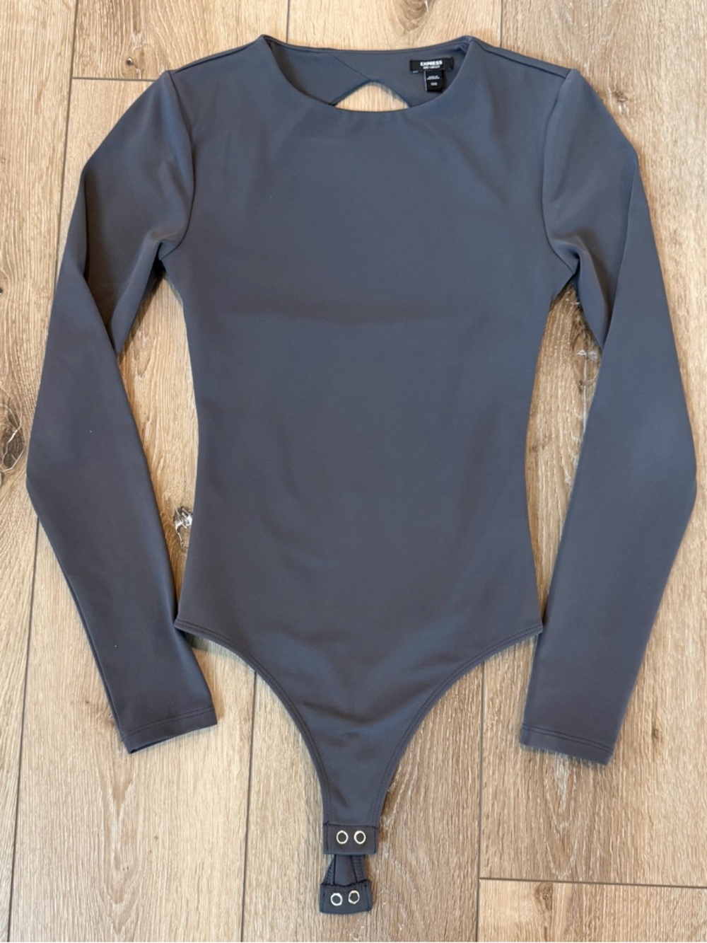 Express Body Contour Long Sleeve Bodysuit Charcoal Gray Open Back XXS